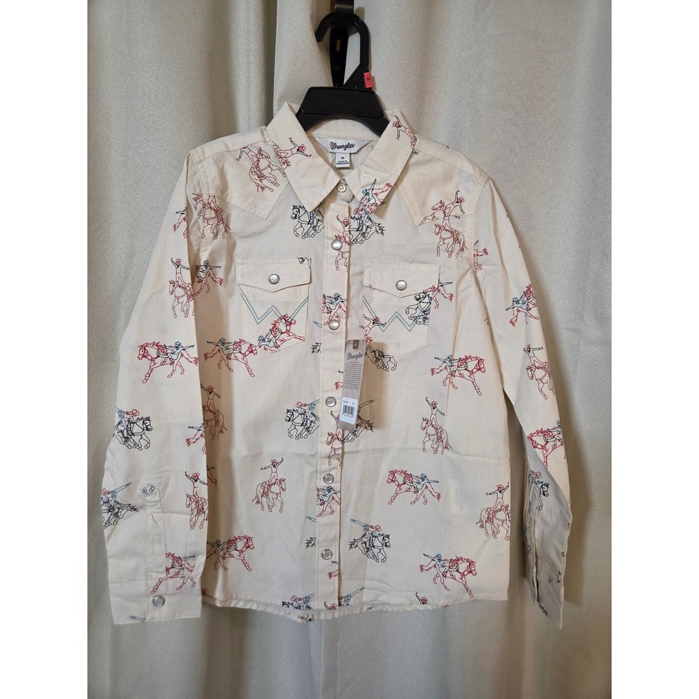 Wrangler Kids Cream Rodeo Trick Rider Western Pearl Snap Shirt M